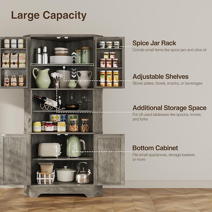 Corner Cabinet, 67''H Kitchen Pantry Storage Cabinet, 6-Tier Corner Food Pantry Hutch with 4 Barn Doors and Shelves, Tall Farmhouse Furniture for Kitchen Dining Living Room, Grey