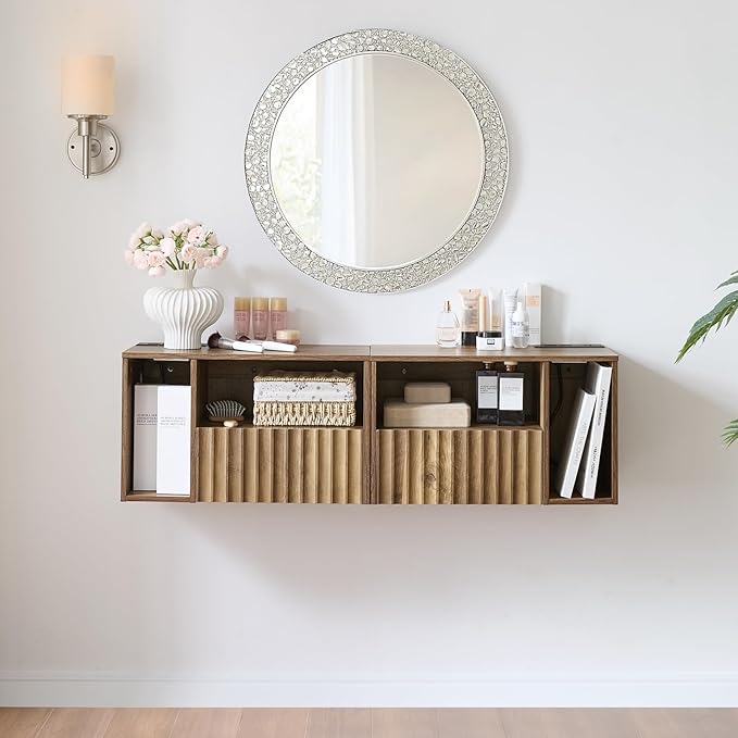 Modern Rustic Brown Fluted Floating Nightstand with Charging Station, NightStand with Drawers, Bedside with USB Ports and Outlets, Bedroom Furniture (Right)