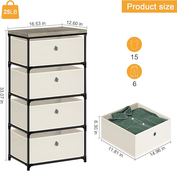 HAITRAL Fabric Storage Chest, Drawer Clothes Organizer - 4 Drawers Storage Organizer Unit for Closet, Easy Assembly Closet Dresser for Dorm, Bedroom, Hallway, Storage Bins (Off White)