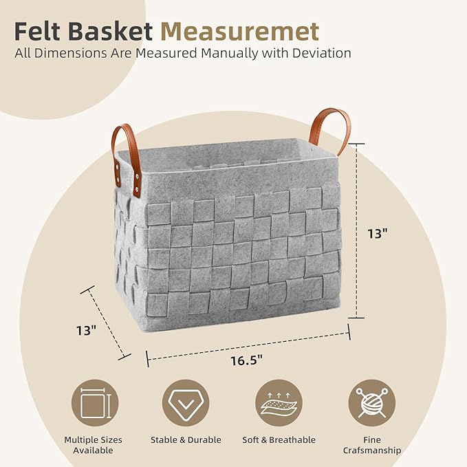 boldmonkey Blankets Basket 16.5 " x13 x13 , Large Storage Baskets for Organizing Rectangular, Living Room Dog Toy Bin for Dirty Clothes, Pillows, Towel-Light Gray