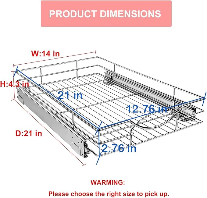 Pull Out Cabinet Drawer Organizer, 14”W x 21”D - Requires At Least 15 Cabinet Opening, Heavy Duty Slide Out Shelves, Sliding Drawer Storage for Kitchen, Bathroom, Chrome Finish