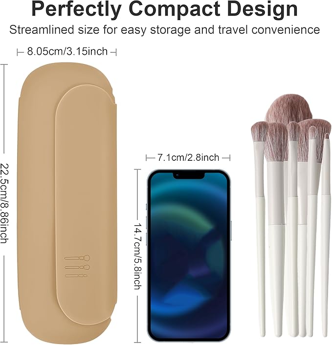 Silicone Travel Makeup Brush Holder for Women with Magnetic Closure and Built-in Brush Cleaner, Washable Cosmetic Organizer, Gift-Ready Pouch, Khaki