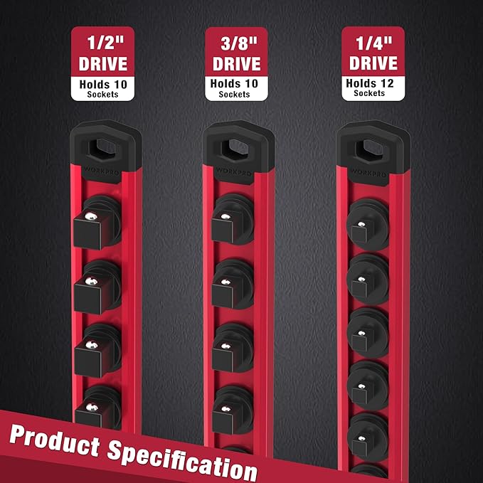WORKPRO Magnetic Socket Organizer, 1/2-Inch Drive Aluminum Alloy Sockets Rail, Heavy Duty Sockets Holder, Socket Rack Kit 1/2-Inch x 10 Clips (Red)
