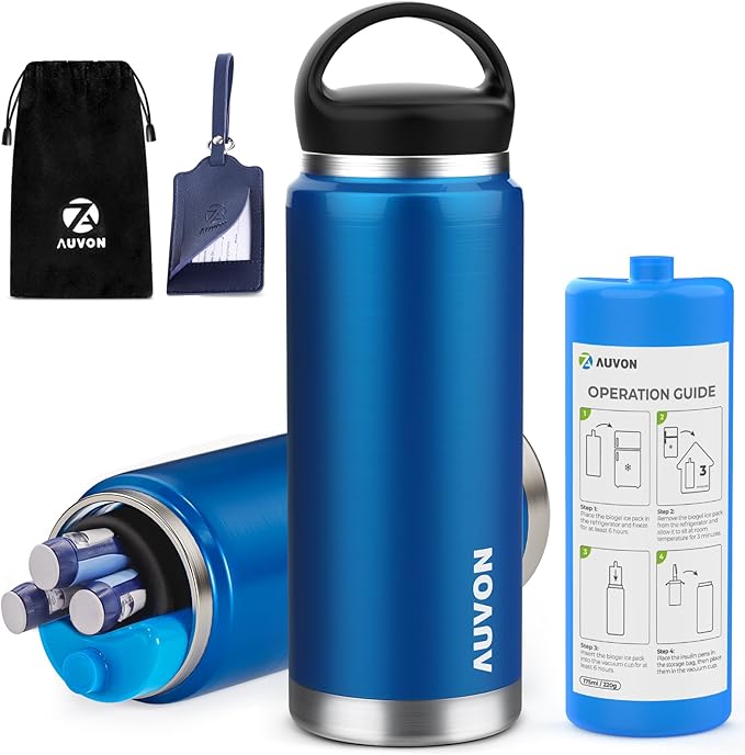 AUVON Large Insulin Pen Cooler for 3-6 Pens with Medical Tag, TSA Approved Insulin Travel Cooler with Portable Handle, Diabetic Travel Case with Gel Ice Pack and Anti-Freezing Drawstring Bag