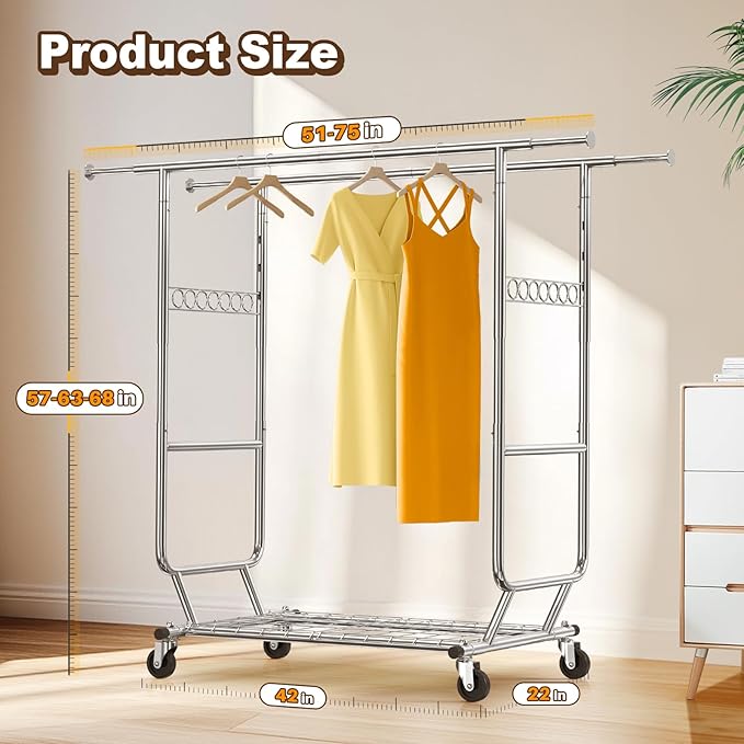 HOKEEPER 600 lbs Commercial Clothing Garment Rack with Shelves Clothing Racks on Wheels Rolling Closet Clothes Rack Heavy Duty Portable Collapsible Adjustable, Chrome Finish