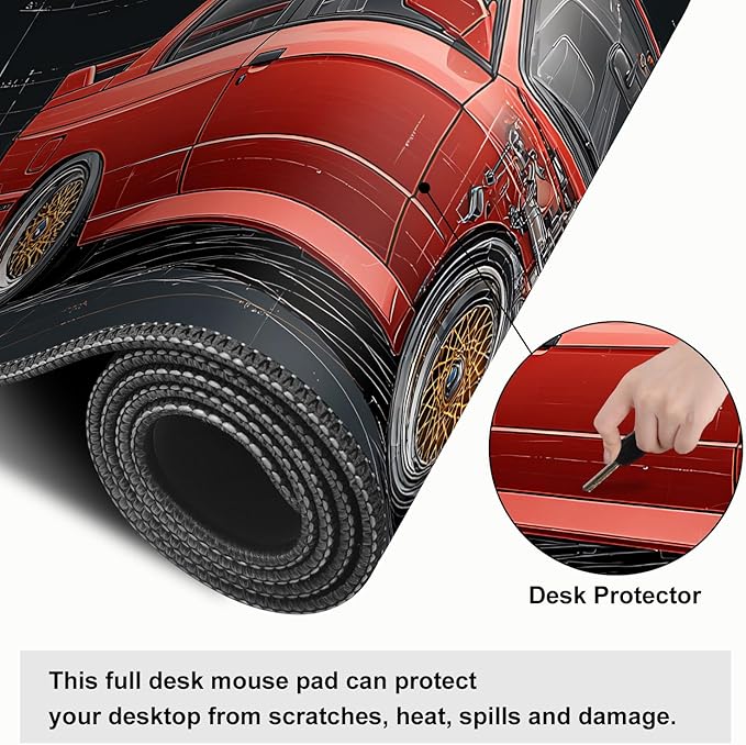 Retro Car Blueprint Mouse Pad – Large Extended Desk Mat 31.5 x 11.8 in – Classic Red Tuner Car Cutaway with Engine Diagram, Waterproof Surface, Non-Slip Rubber Base, Keyboard & Mouse Pad