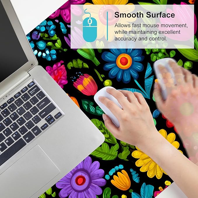 Folk Art Floral Mouse Pad – Large Extended Desk Mat 35.43 x 15.75 in – Colorful Boho Flowers on Black Background, Waterproof Surface, Non-Slip Rubber Base, Oversized Mouse & Keyboard Pad