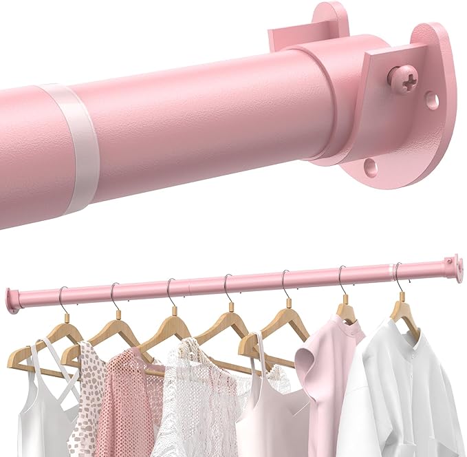 Closet Rods for Hanging Clothes, 17 to 69 Inches Stepless Adjustable Metal Closet Rod, 1.3 Inches Heavy Duty Clothes Hanging Rod for Closet Wardrobes Laundry RV, Pink