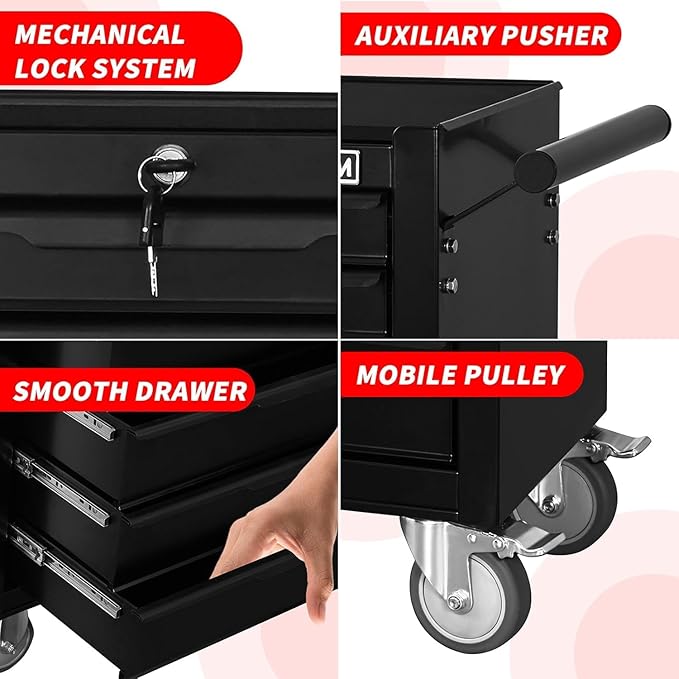 7-Drawer Rolling Tool Chest with Locking Wheels & Drawers, 13" D x 24.2" W x 34" H Mobile Tool Storage Cabinet, Heavy-Duty Garage Organizer w/Ergonomic Handle