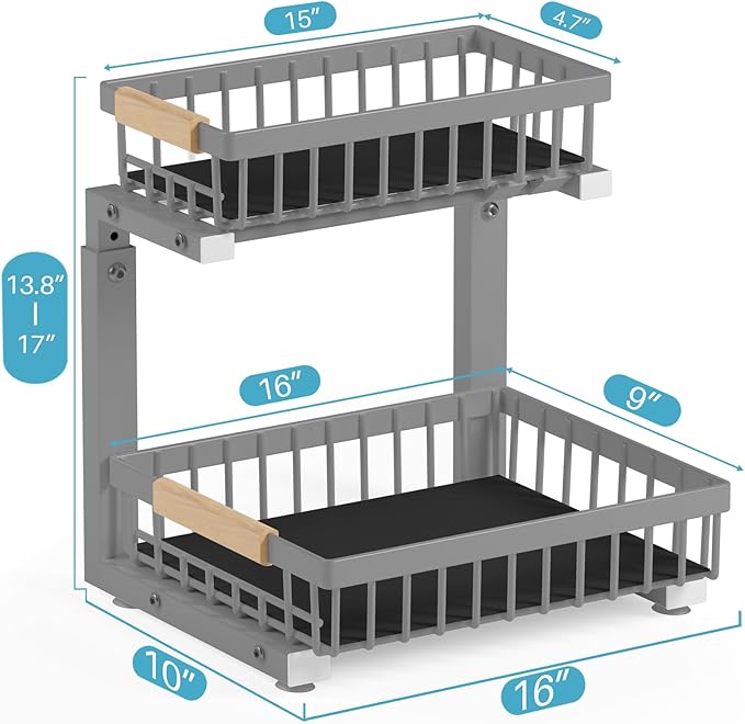 Under Sink Organizer, 2 Packs 2 Tier Gray Under Sink Organizers and Storage, Slide Out Pull Out Cabinet Organizer Shelf, Metal Sliding Drawer for Kitchen Bathroom Cabinet Organization Rack