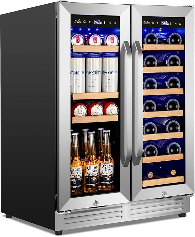 24-Inch Dual Zone Wine and Beverage Refrigerator with Glass Door & Lock- Freestanding/Under Counter Wine Cooler with Large Capacity Drink Fridge for Beer Soda, Fast Cooling