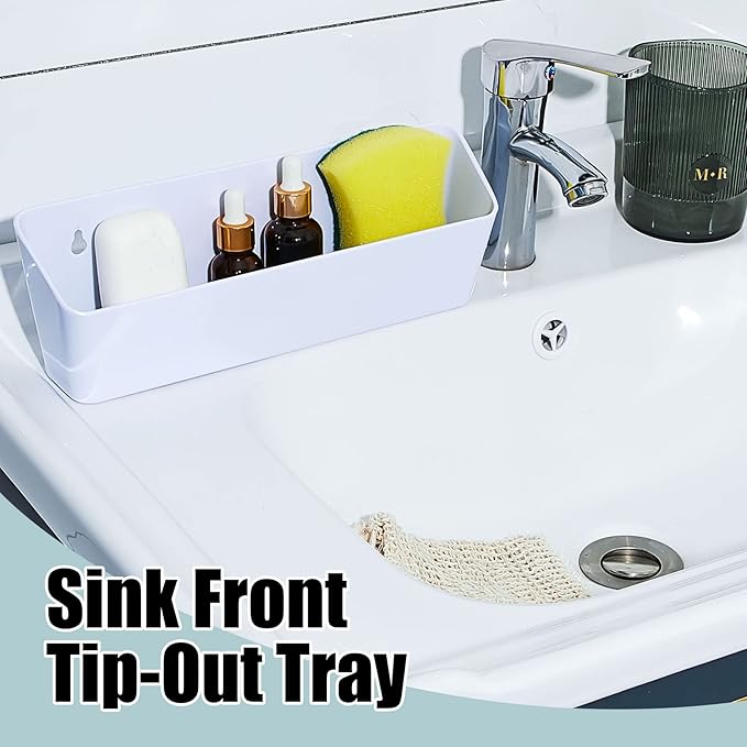 Umigy 2 Pack 11" Tip Out Tray for Sink with 2 Pairs of Hinges Front Sink Drawer Tip Out Tray Kit False Drawer Front Clips Flip Sponge Holder for Kitchen, White