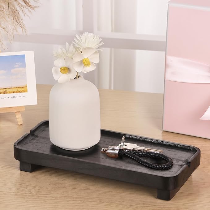 Wood Riser Small Decorative Tray Sink Soap Dish, Vanity Tray Pedestal Stand 10 x 4.5 inches (Black)
