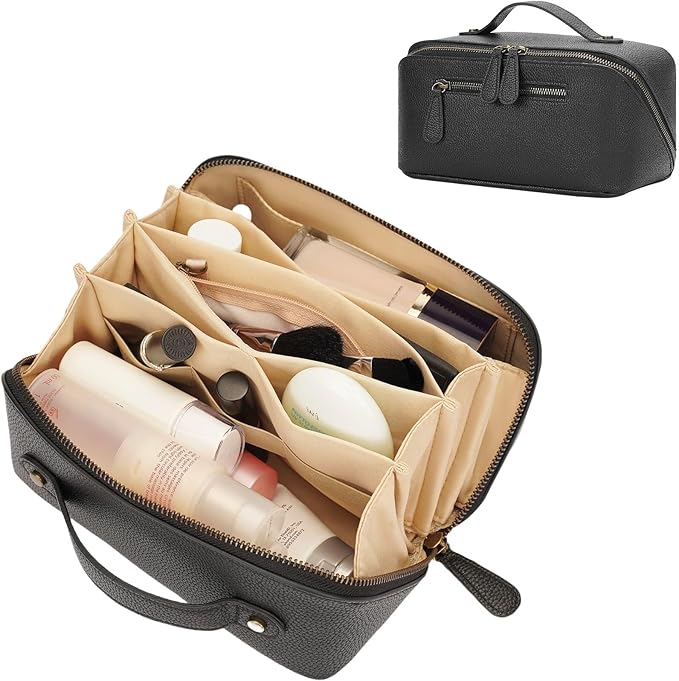 Travel Makeup Bag Large Capacity Cosmetic Bags for Women Waterproof Make up Organizer Toiletry Bag Open Flat Portable with Divider with Handle Pouch (Black, 3L)