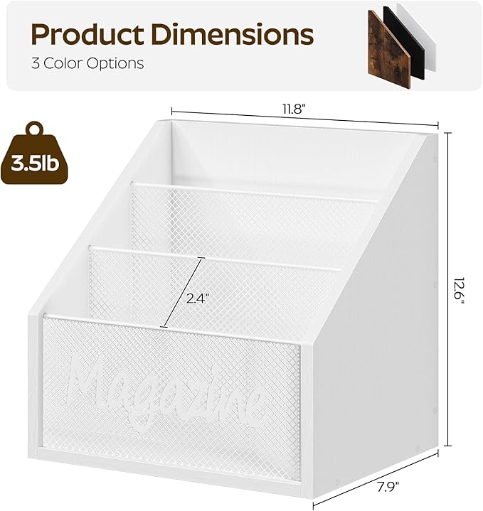 Magazine Holder, Wood Magazine Rack Floor, Mail Organizer Countertop, Magazine Mail Holder Sorter, Record Holder for Magazines, Books, Newspapers, Tablets, White MR02WW