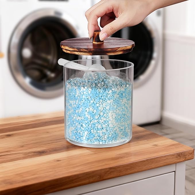 SheeChung 3 Pack 50 Oz Large Apothecary Jar with Wood Lid, Laundry Pods Container, Storage Jars for Bathroom Organization, Plastic Canisters with Cute Stickers Spoons(Dark Brown)