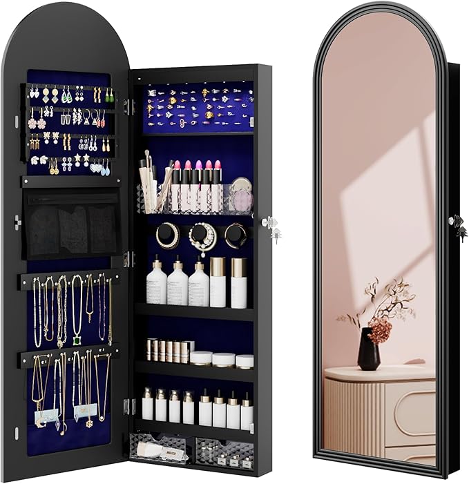 Jewelry Cabinet Organizer with Mirror, 47 inch Lockable Full-Length Mirror Jewelry Armoire Hanging Door/Wall Mounted with 6 LEDS, Arched Framed Mirror Cabinet with Storage, Gift for Women, Black