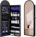 Jewelry Cabinet Organizer with Mirror, 47 inch Lockable Full-Length Mirror Jewelry Armoire Hanging Door/Wall Mounted with 6 LEDS, Arched Framed Mirror Cabinet with Storage, Gift for Women, Black