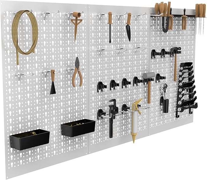 TORACK 3 PCS Metal Pegboard Panels(16x24 inch) for Wall Garage Tools Storage Pegboard for Workbench, Modular Peg Board Tool Organizer Board Kit(Pack of 3, Grey)