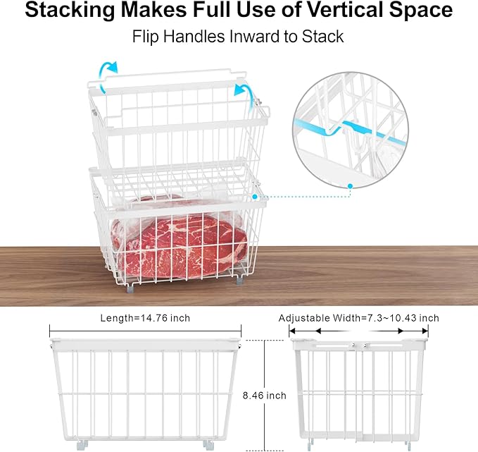 iSPECLE Freezer Organizer Bins - 5 Pack Adjustable & Extra Large Chest Freezer Organizer Bins for 5 to 9 Cu.Ft Deep Freezer, Easy Organize Basket Store More, Stackable No Wasted Space, White
