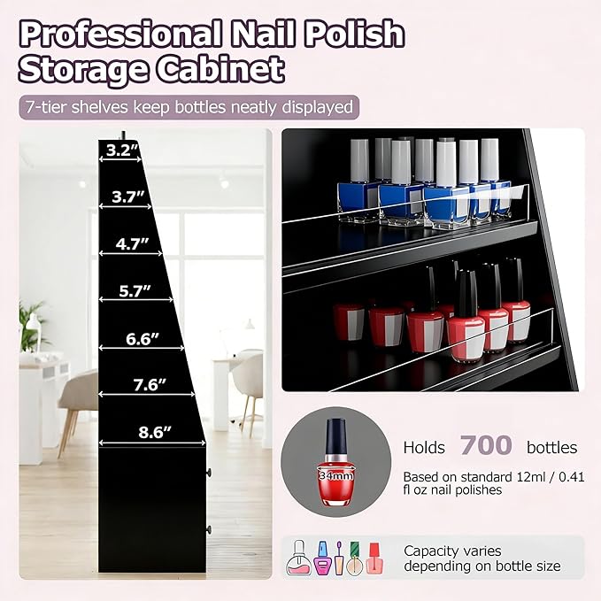 Nail Polish Rack with 2 Drawers, Salon Display & Storage Cabinet with Acrylic Baffle, Holds 700+ Bottles of Polishes, Essential Oils & Perfumes, Suitable for Nail Salon & Beauty Store, Black