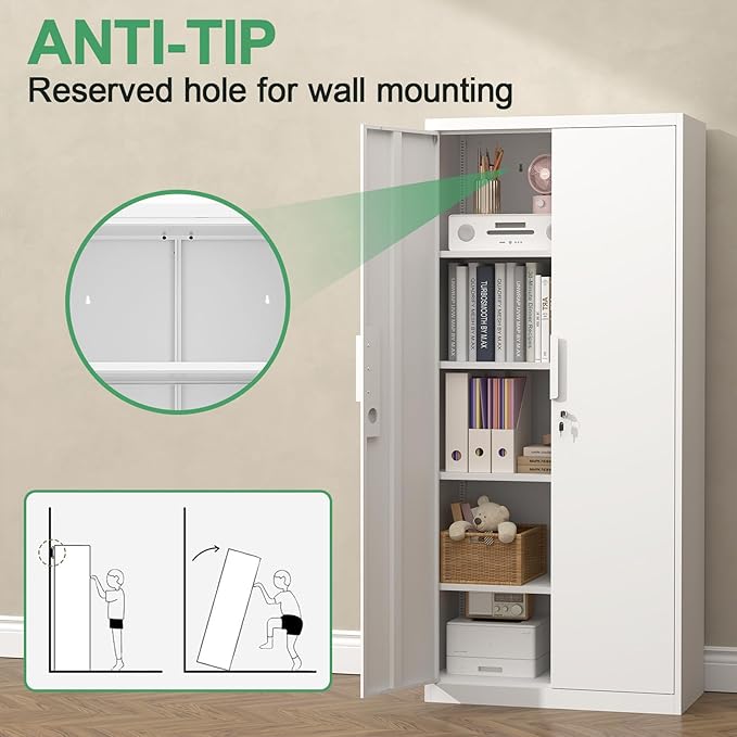 Metal Locking Cabinet, 71" H Metal Garage Cabinets with Adjustable Shelves, Heavy Duty Tall Cabinet for School/Office/Home, Large Storage Cabinet with Doors and Keys, White
