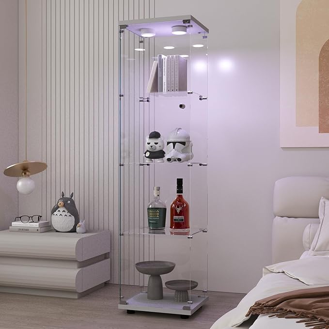 Beauty4U Glass Display Cabinet with LED Light, 4 Shelves, Curio Cabinets for Living Room, Bedroom, Office, White Floor Standing Glass Bookshelf, Quick Installation
