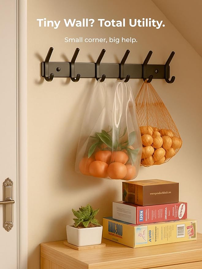 Coat Rack Wall Mount Hooks - 15 Inch Matte Black Metal 6-Hook Organizer Wall Mounted, Modern Kids Room, Entryway & Bathroom Hanger for Beach Towels, Coats, Purses, Bags (2 Pack)