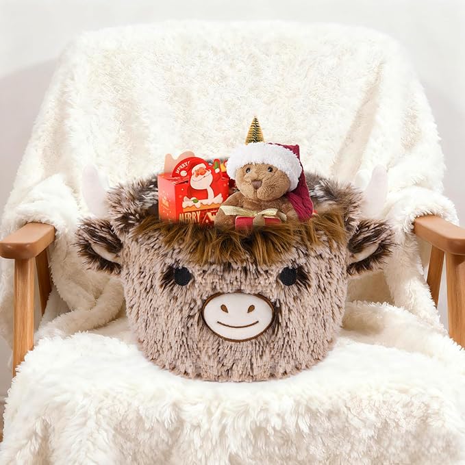 Highland Cow Plush Basket, Highland Cow Gift Basket for Nursery, Soft Winter Small Baby Blanket 0rganizer Storage, Cute Baby Blanket Diapers Candy Towel Decor Storage Bins, 8.2×6.3 inches