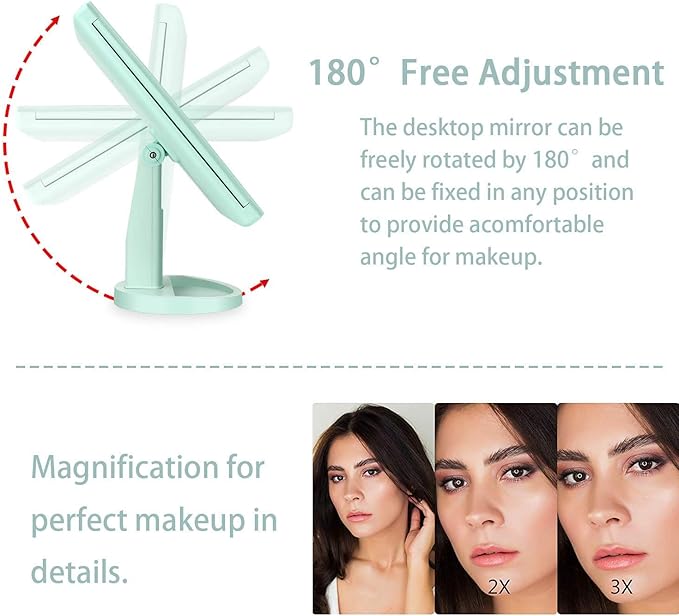 Tri-fold Lighted Vanity Makeup Mirror with 3x/2x Magnification,21 LEDs Light and Touch Screen,180 Degree Free Rotation Countertop Cosmetic Mirror,Travel (Green)