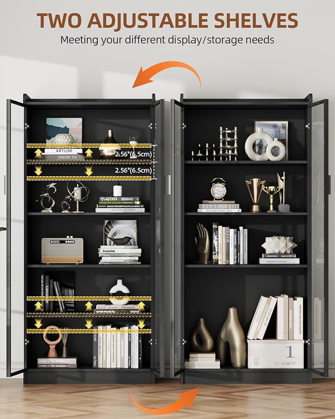 Display Cabinet with Glass Doors and Shelves, 65" Tall Curio Cabinet with LED Lights/Human Sensor, 5 Tier Display Case for Collectibles Bedroom Living Room Office, Black