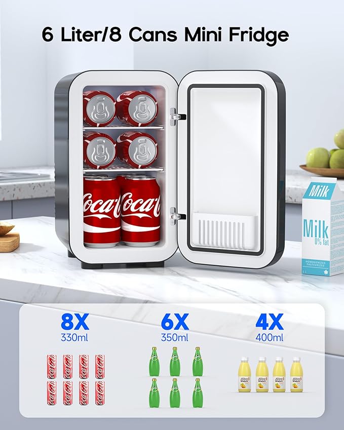 Mini Fridge,6 Liter / 8 Can Small Fridge for Bedroom, Car, Office & Dorm, AC100-120 V/DC 12 V Portable Thermoelectric Cooler & Warmer for Skincare, Food, Drinks,Black ﻿