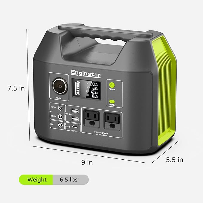 EnginStar Solar Generator, 300W Portable Power Station, 296Wh Lithium Battery Backup w/Two 110V Pure Sine Wave AC Outlet for Camping Road Trip RV, 80000mAh Sufficient Power Supply for Blackout