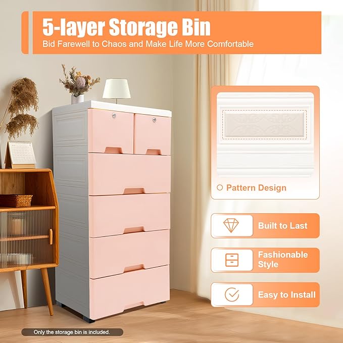 5-Layers Plastic Dresser with 6 Drawers Movable Chest of Drawers Locked Storage Cabinet Craft Organizers and Storage for Bedroom Entryway Hallyway, 19.7’’ W*13.8’’ D*40’’ H (Pink)