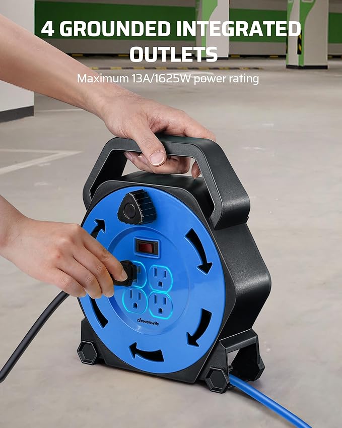 DEWENWILS Extension Cord Reel with 25 FT Power Cord, Hand Wind Retractable, 16/3 AWG SJTW, 4 Grounded Outlets, 13 Amp Circuit Breaker, Blue, Blue Cord, UL Listed