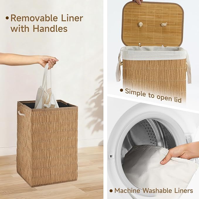 Laundry Hamper with Lid, 18.72 Gallons (72L) Laundry Basket with 2 Removable Liner Bags, Synthetic Rattan Clothes Hamper, laundry organization for bathroom, laundry room, Natural