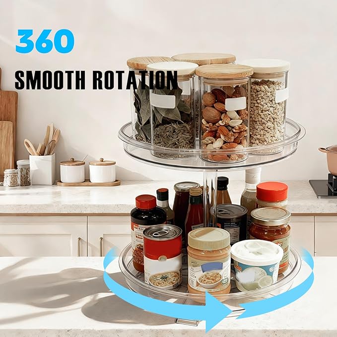 2 Tier Lazy Susan Organizer,9.7 Inch Lazy Susan Turntable for Cabinet,Rotating Spice Rack Organization for Kitchen,Refrigerator, Bathroom, Clear