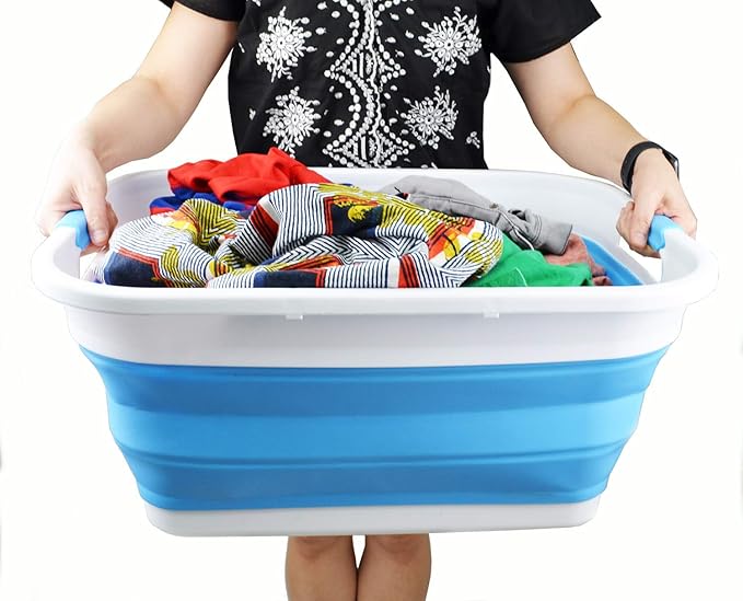 SAMMART 41L (10.8 gallon) Collapsible Plastic Laundry Basket-Foldable Pop Up Storage Container/Organizer-Portable Washing Tub, Water capacity: 32L (8.4 gallon) (Retangular, White/Marine Blue)