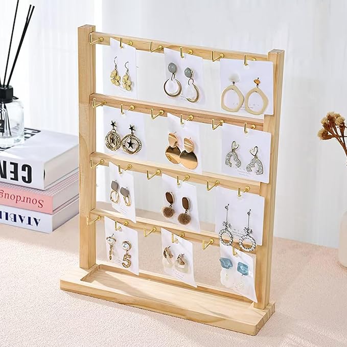 4 Layers of Wooden Display Eacks With Hooks for Necklaces. Rings, Earrings, Bracelets, And Other Jewelry Storage Display Rack