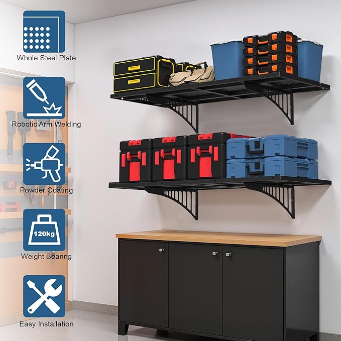 Garage Wall Shelving Heavy Duty, 43.3" Floating Shelves 264lbs Capacity, Garage Wall-Shelf with Adjustable Rails for Wood Stud and Concrete Walls, Metal Shelves for Storage Organization
