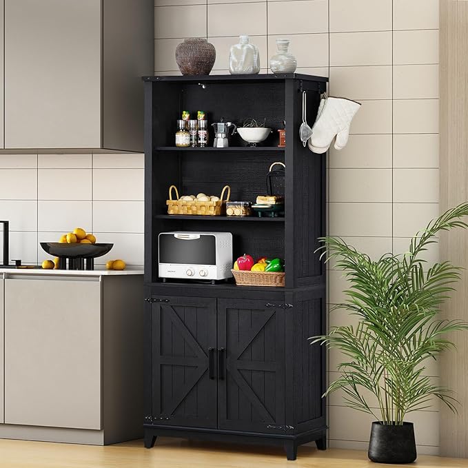 70in Tall Bookshelf 5 Tier Bookcase with Barn Doors and Adjustable Shelves, Black Farmhouse Book Shelf with Storage Cabinet, Wood Freestanding Display Bookshelves for Bedroom, Living Room