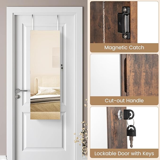 CHARMAID Jewelry Cabinet Wall or Door Mounted, Hanging Lockable Jewelry Armoire Storage with Full Length Mirror, Interior Makeup Mirror, Over the Door Jewelry Organizer Box with Mirror (Rustic Brown)