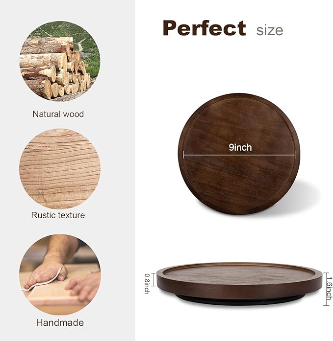 Wood Lazy Susan Organizer Kitchen Turntable for Cabinet Farmhouse Bathroom Decor Round Decorative Tray for Vanity, Counter, Sink, Coffee Table, 9 Inch, Walnut