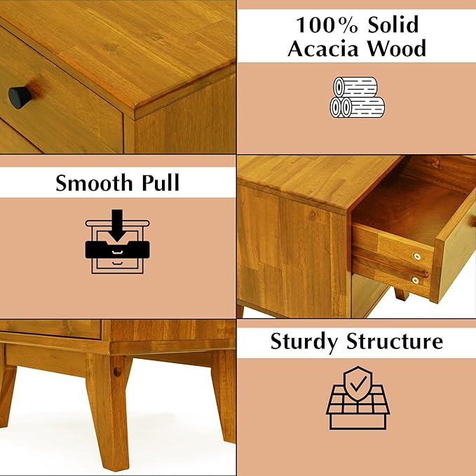 Acacia Silvia Nightstand with 2 Drawers, Solid Wood Bedside Table, Table with Storage Drawers for Bedroom, Bedside End Table with Drawer and Storage Space, Caramel