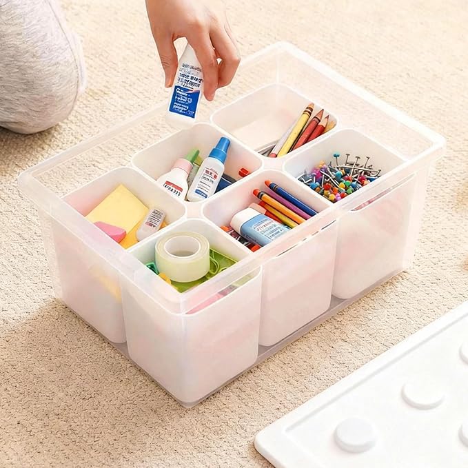 loobuu Plastic Storage Bins with Lids, Art Craft Supply Organizer Box with Brush Pot, Multipurpose Stackable Storage Containers for Organizing Tool, Craft, Crayon,Sewing(White)