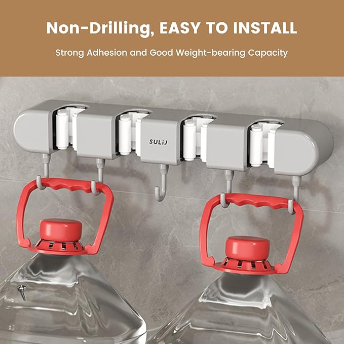 2Pcs Broom Holder Wall Mount, No-Drilling Self-Adhesive Mop and Broom Storage Rack (4 Racks with 5 Hooks),Wall-Mounted Broom Hanger for Bathroom, Kitchen, Closet, Garage, Grey