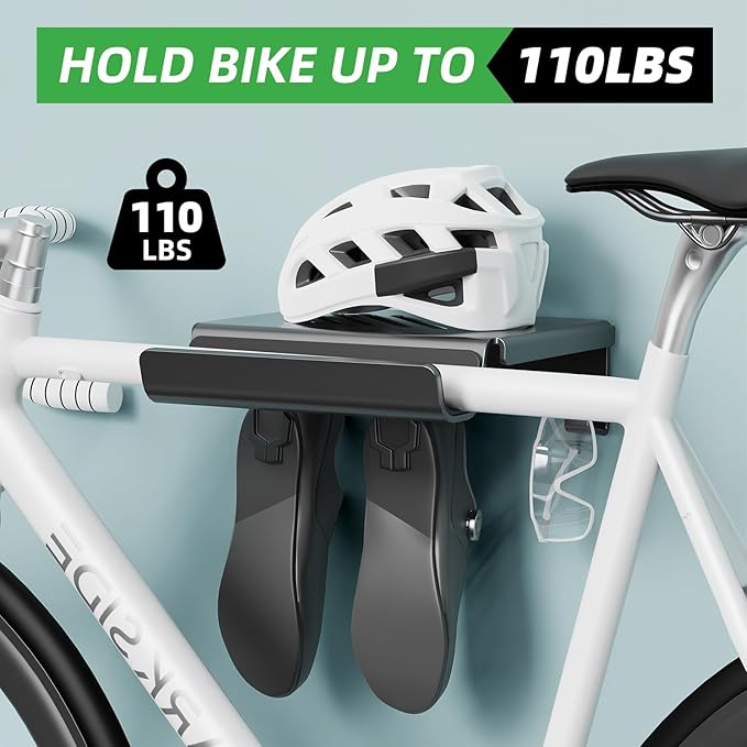 Bike Wall Mount Rack Indoor Bike Storage Garage Bike Rack Wall Mount with Shelf and Hooks Store Your Helmet and Shoes for a Single Road, Mountain or Other Bicycle (Fit Crank Bicycle)