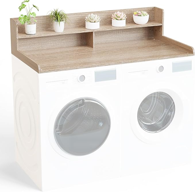 Washer Dryer Countertop with Shelf 27.5" W x 54" L x 12" H Laundry Room Countertop for Washer and Dryer with Edge Rails, Oak