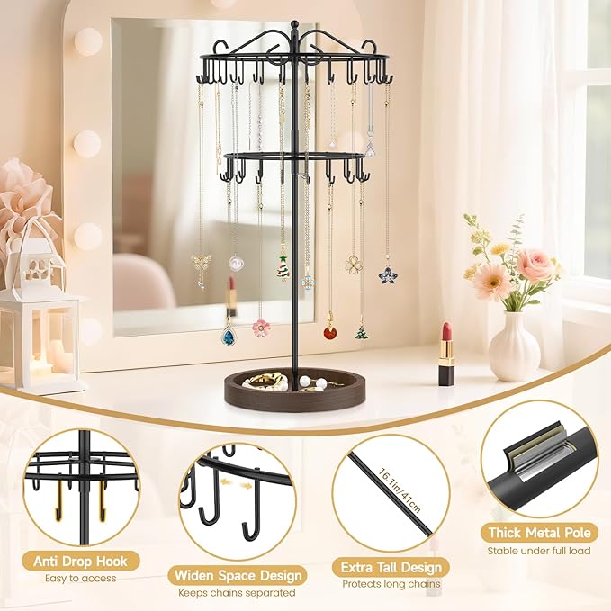MODOWEY Rotating Necklace Holder Stand Organizer, 2 Tier Adjustable Extra Tall Metal Display Tree with Wooden Tray, 42 Hooks Pendant Hanger for Women Men, Stylish and Secure Jewelry Rack, Black