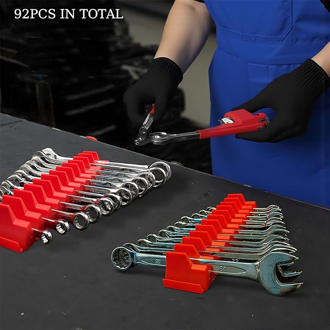 92PC Magnetic Wrench Organizer for Toolbox Drawers - Heavy Duty Modular Tool Rack with SAE/Metric Labels,Customizable Storage & Strong Magnet Base (Red)